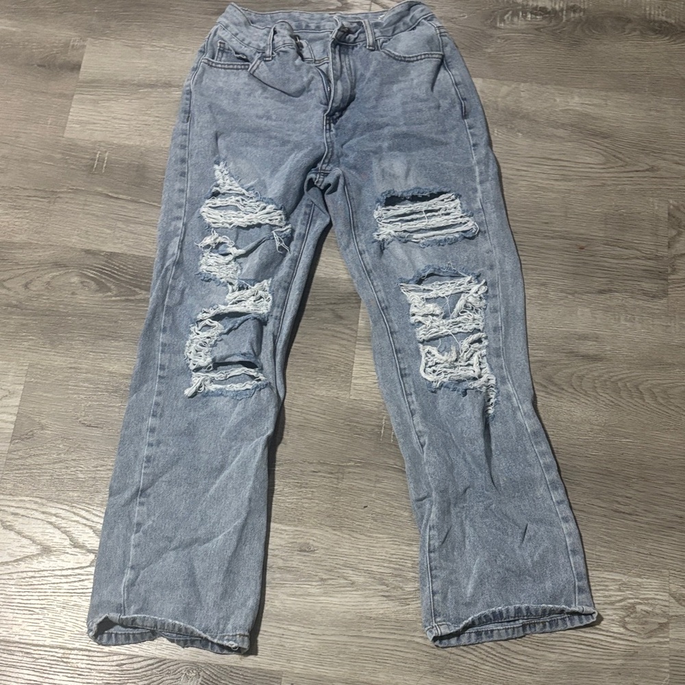 SHEIN Light Blue Distressed Boyfriend Jeans